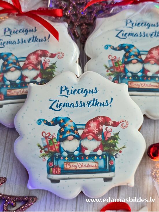 Mājas ingvera cepums "Priecīgus Ziemassvētkus!" rūķīši 